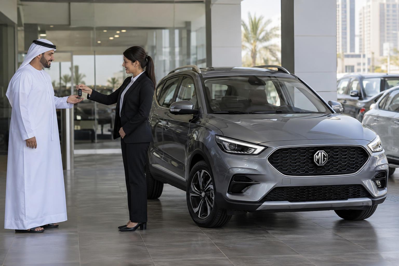 A customer takes delivery of a new MG ZS at a UAE dealership.
