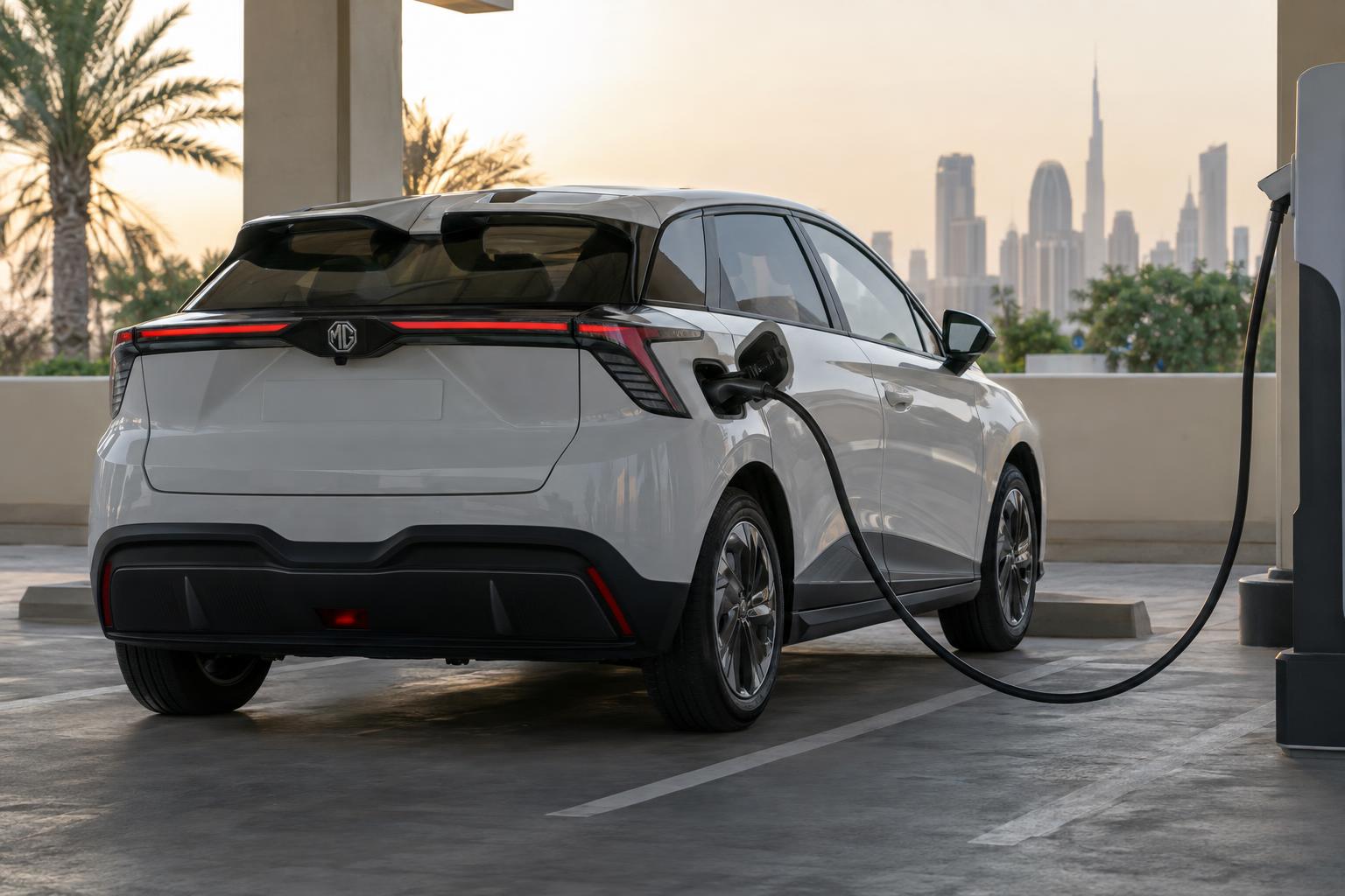 An MG4 Electric charging at a public EV station in the UAE.