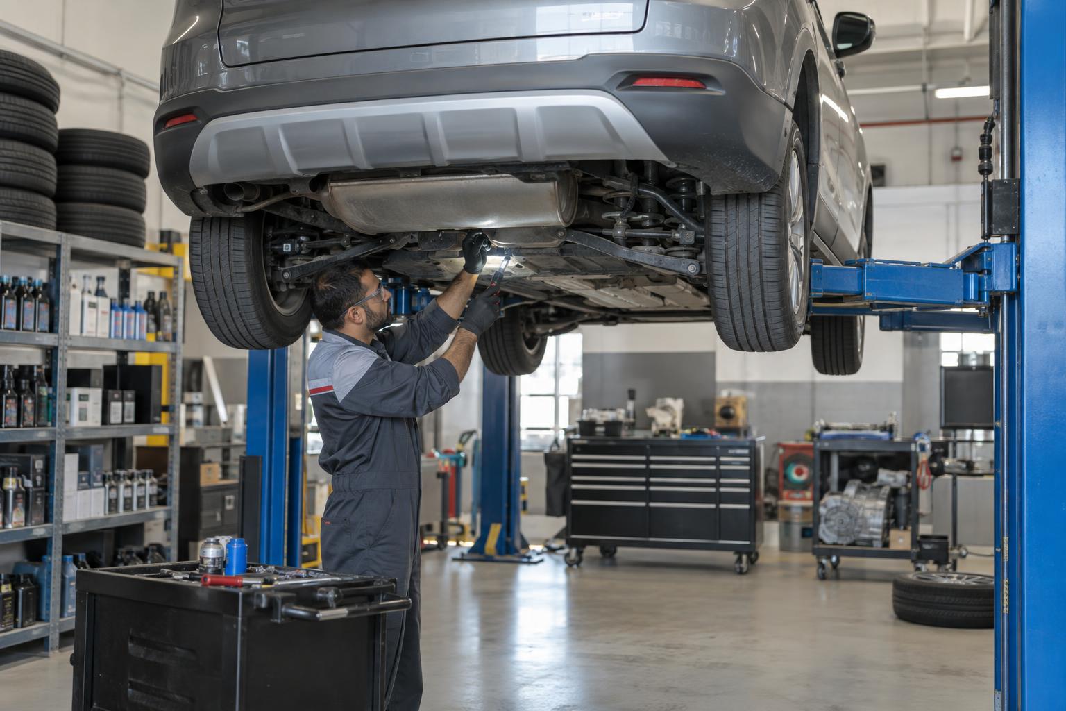 A technician services a passenger car on a lift in a modern independent workshop.