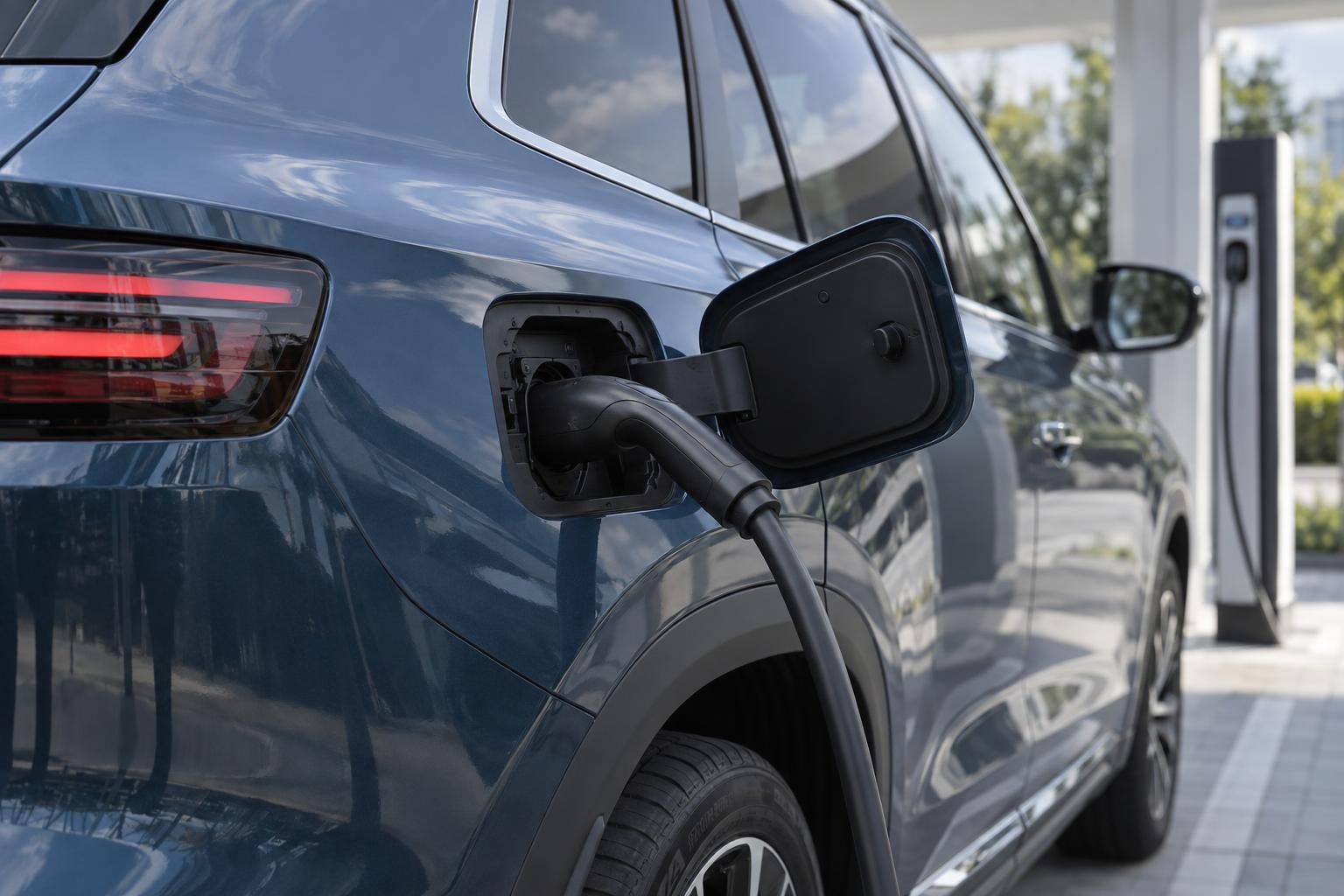A charging connector connected to the Geely Monjaro EM-i plug-in hybrid SUV.