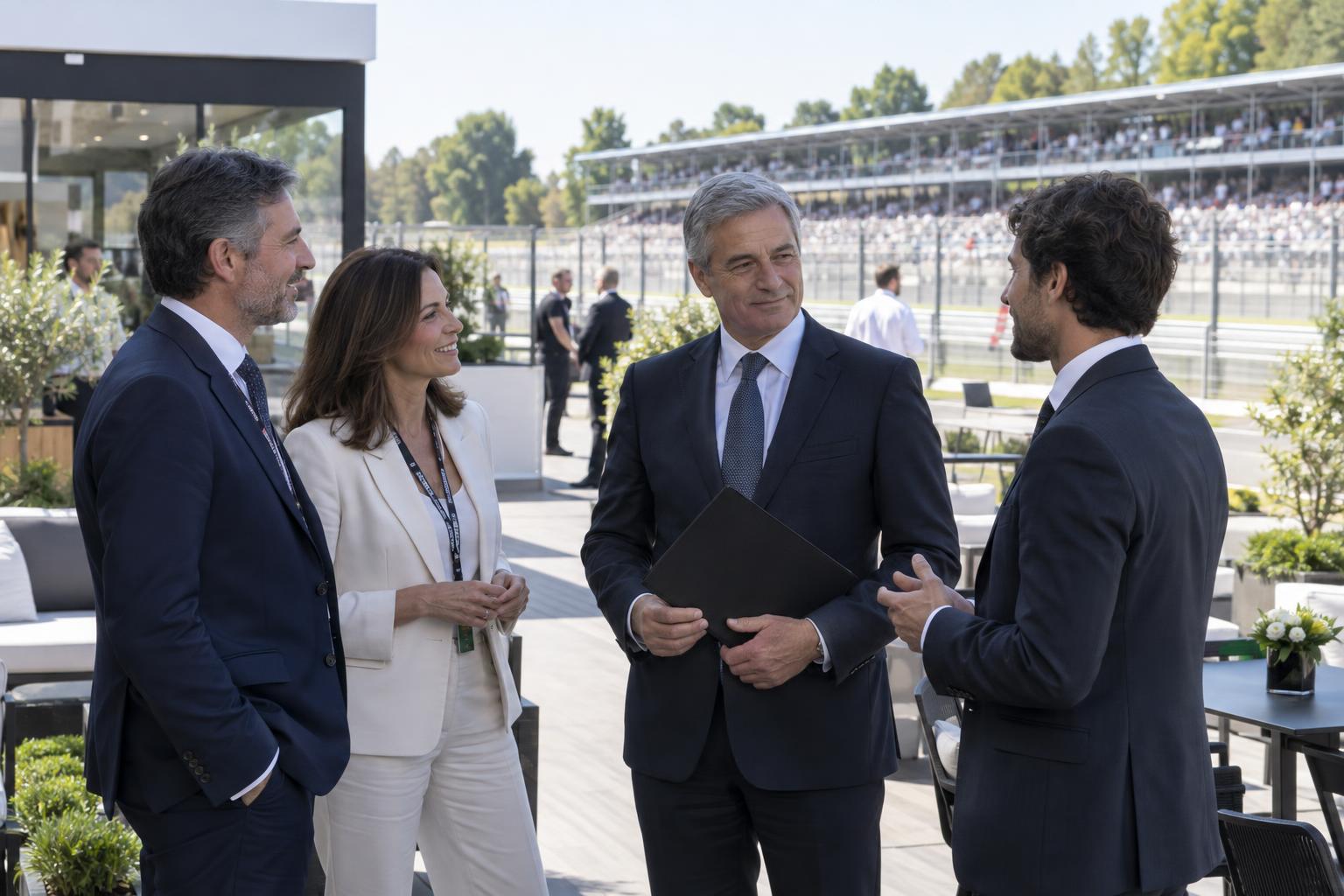 Road-safety representatives gather in a Monza paddock setting during the Italian Grand Prix weekend.