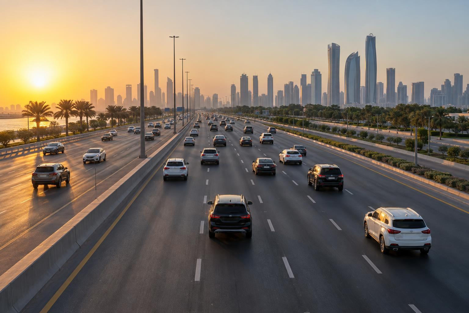 Weekday commuter traffic travelling along a wide Abu Dhabi motorway in early morning light.