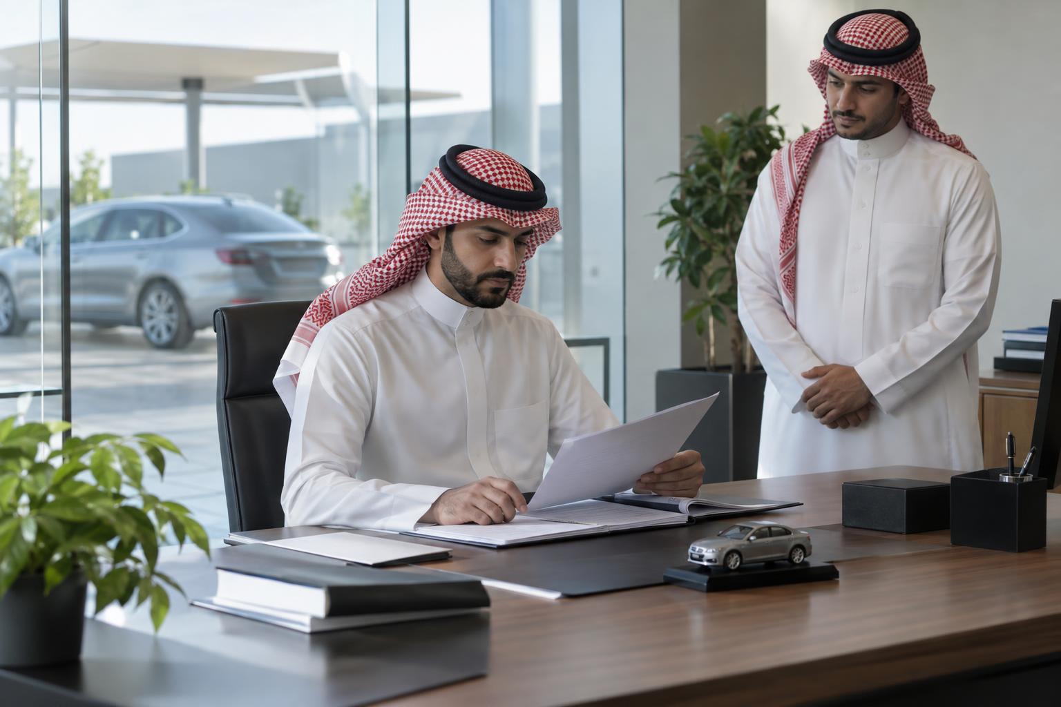 Insurance professionals reviewing a motor policy risk file in a modern office.