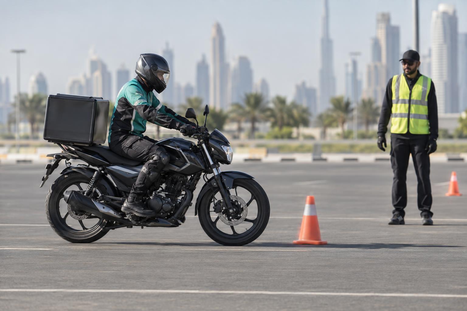 A delivery rider practises controlled braking during a motorcycle safety course in Dubai.