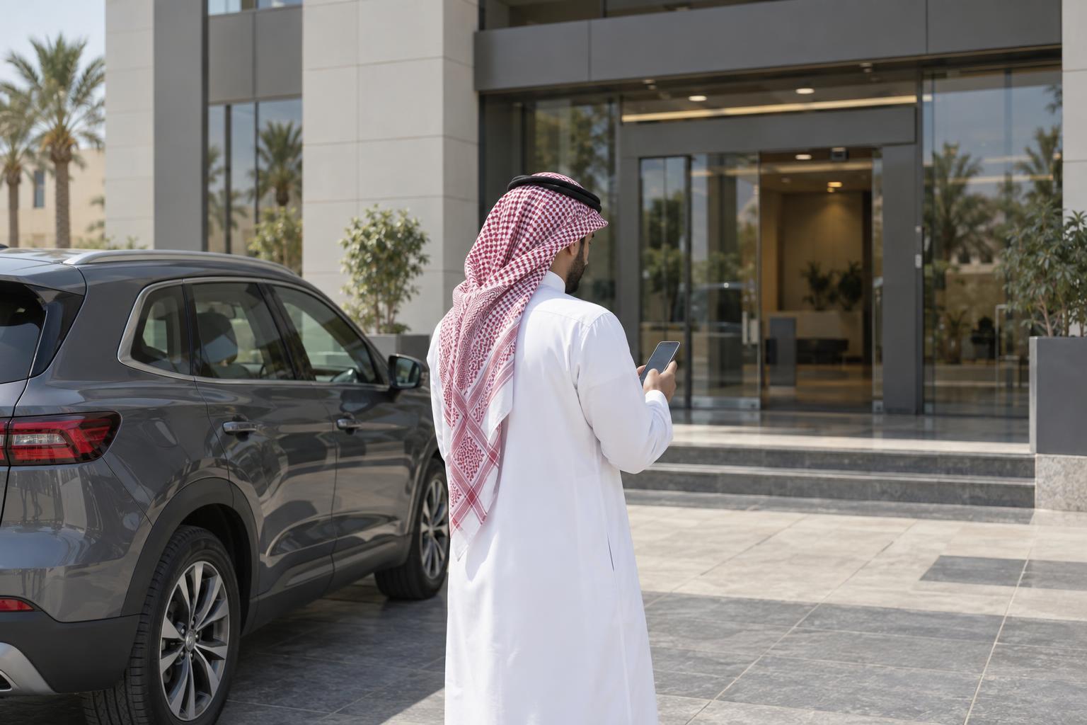 A motorist checks a phone before entering an insurance office in Saudi Arabia.