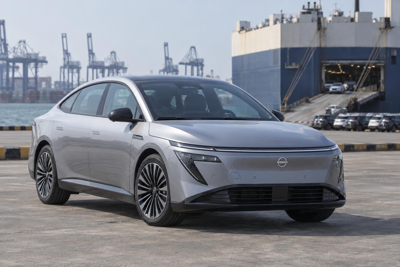 Nissan N7 electric sedan at a Chinese port prepared for export.
