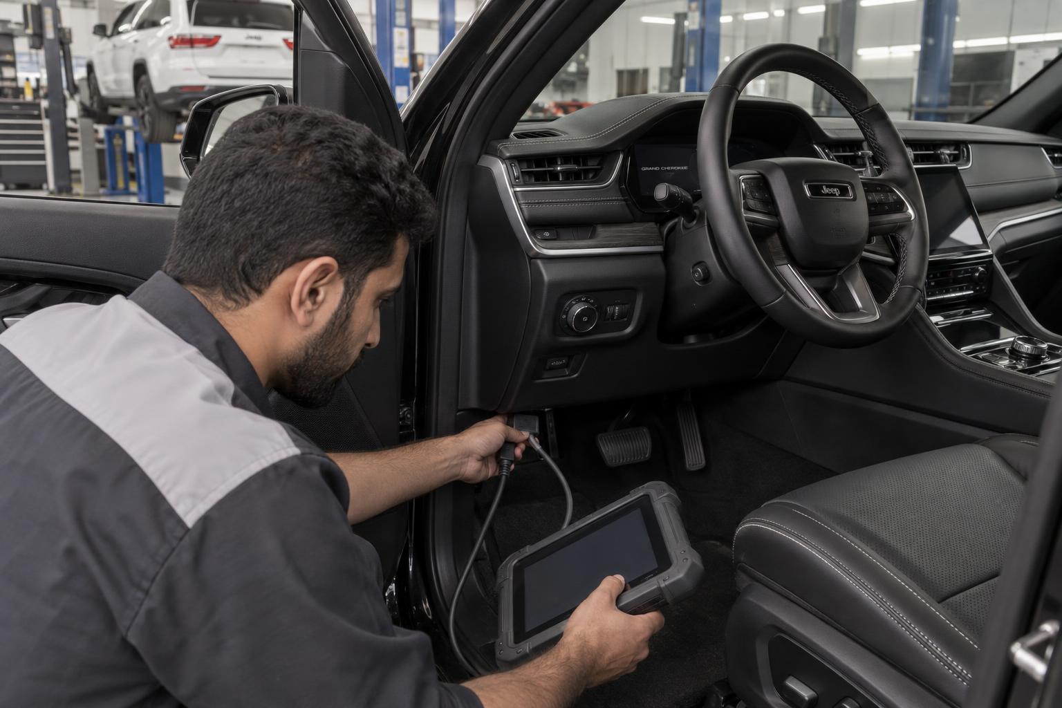 A technician connects diagnostic equipment inside a Jeep Grand Cherokee during a service visit.