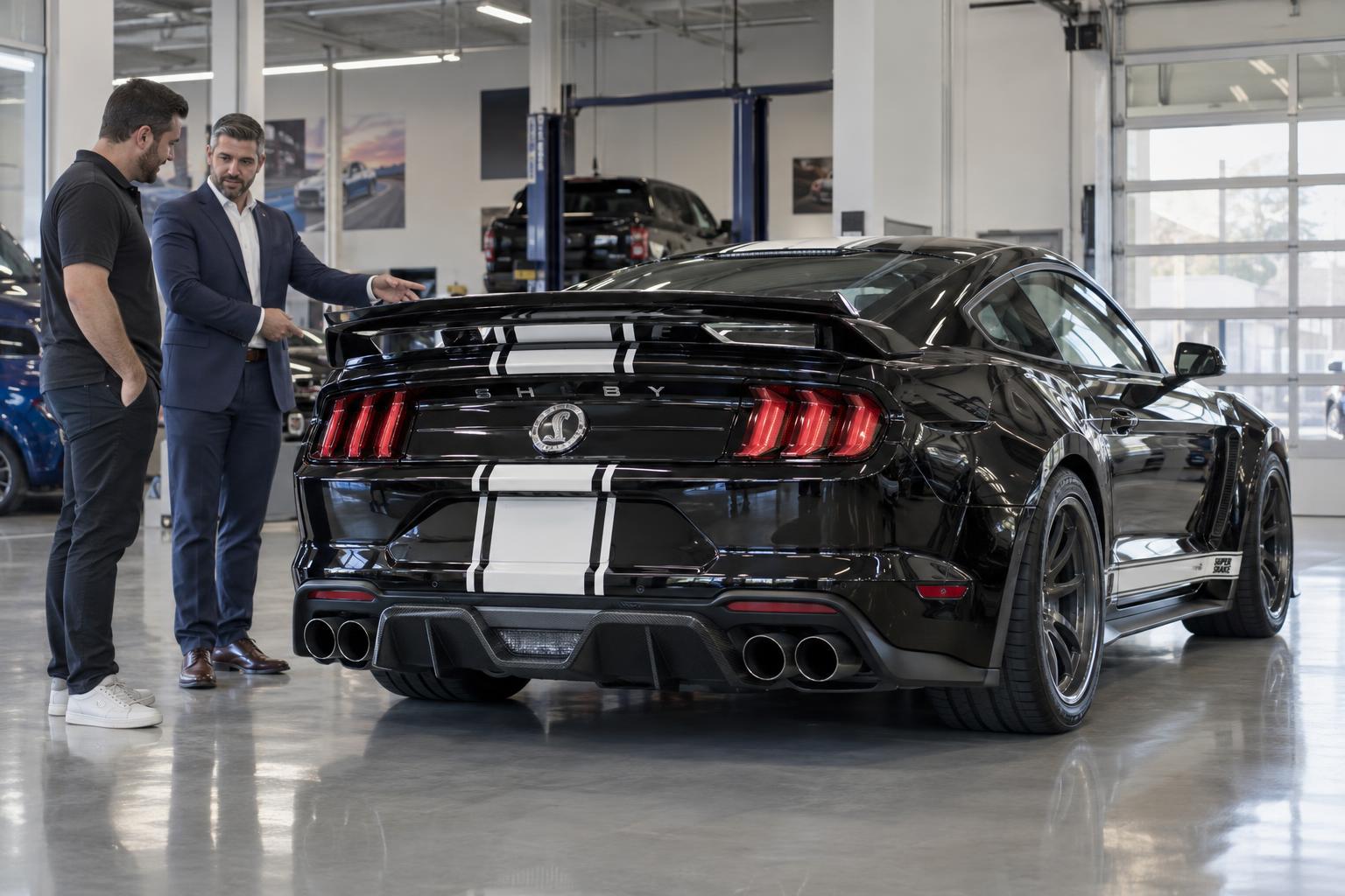 A Shelby Mustang Super Snake in a UAE dealer handover bay with an adviser and customer nearby.