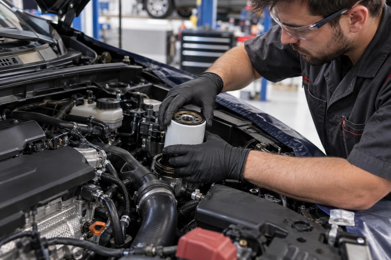 Technician fitting an oil filter during routine engine maintenance in a workshop.