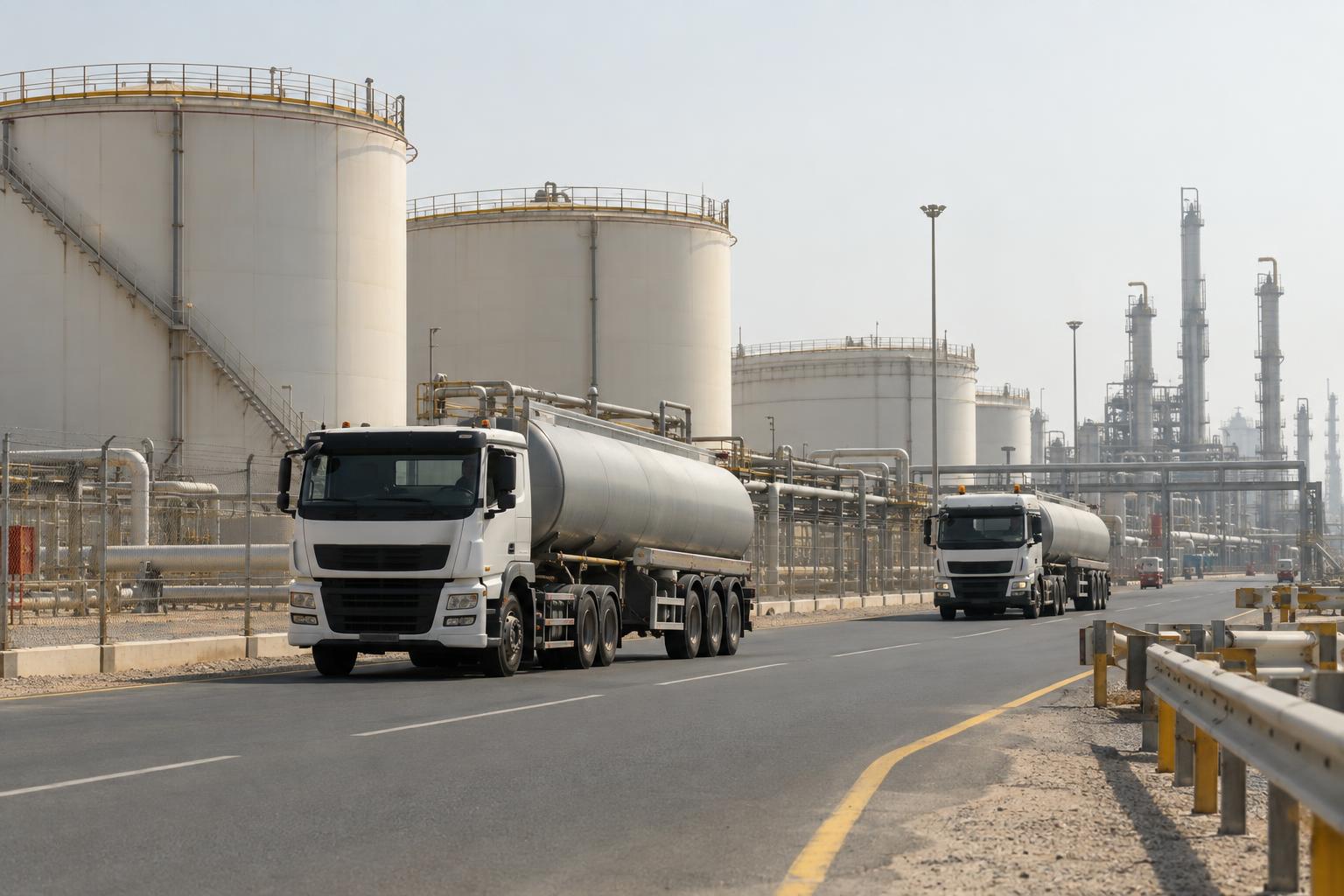 Oil storage tanks and tanker trucks at an industrial petroleum terminal.