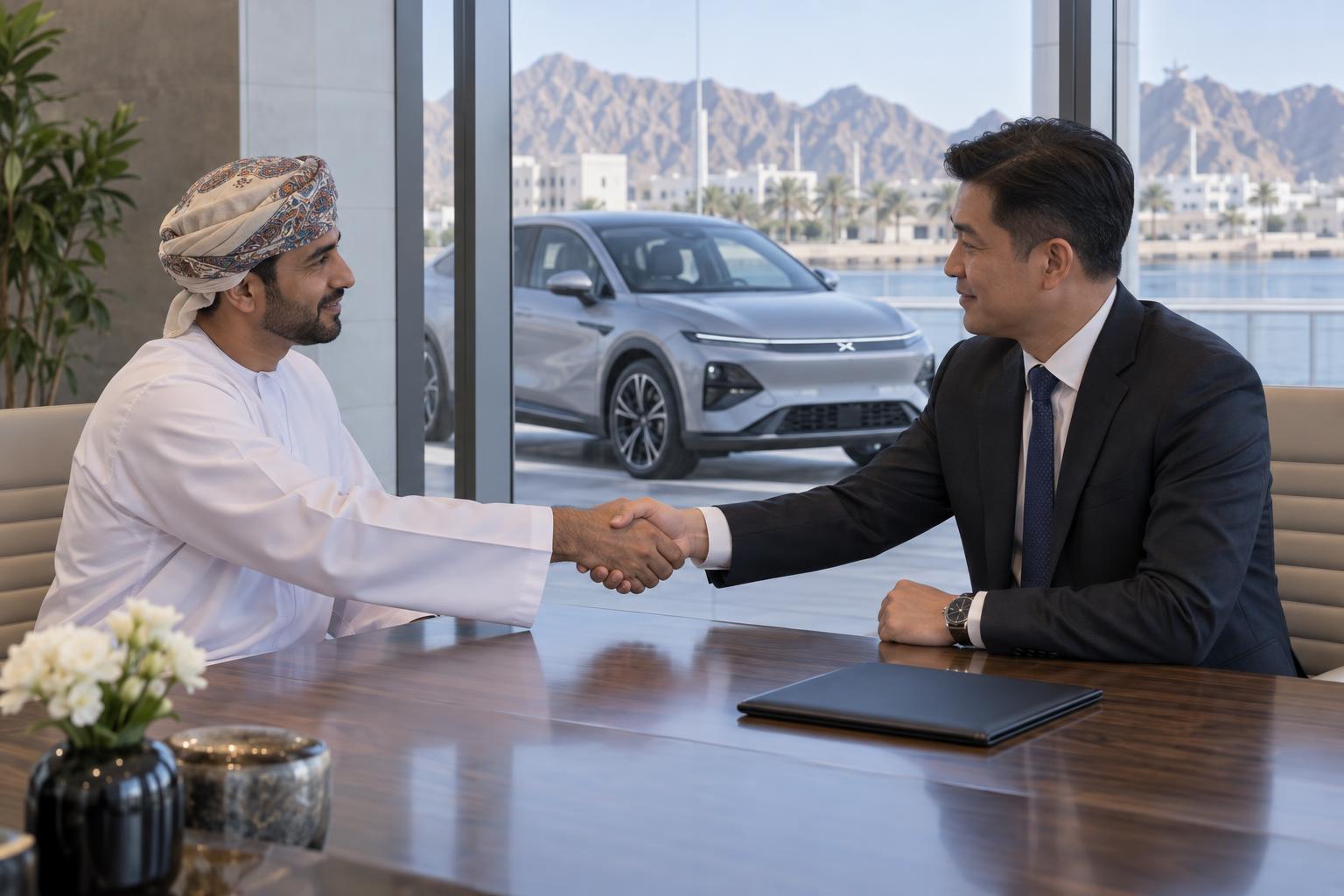 Two executives shake hands during a dealership distribution meeting, with an XPeng G6 outside the office.