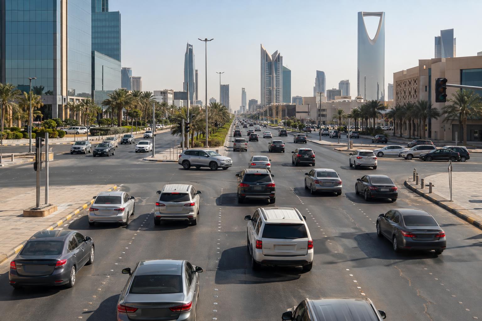 Everyday vehicle traffic moving through a wide Riyadh intersection.