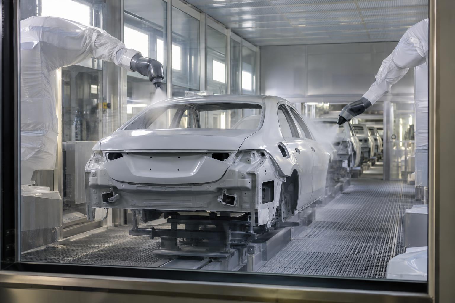 Vehicle body shells moving through an automated paint process in a modern factory.