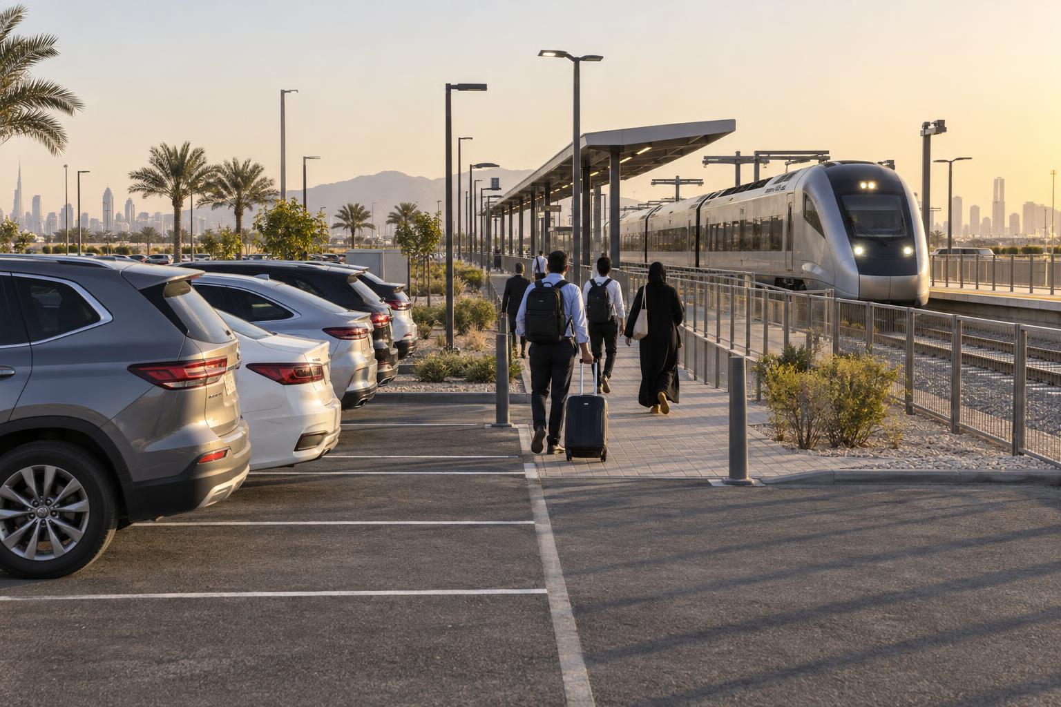 Commuters walk from a station car park toward a passenger train in a UAE park-and-ride setting.
