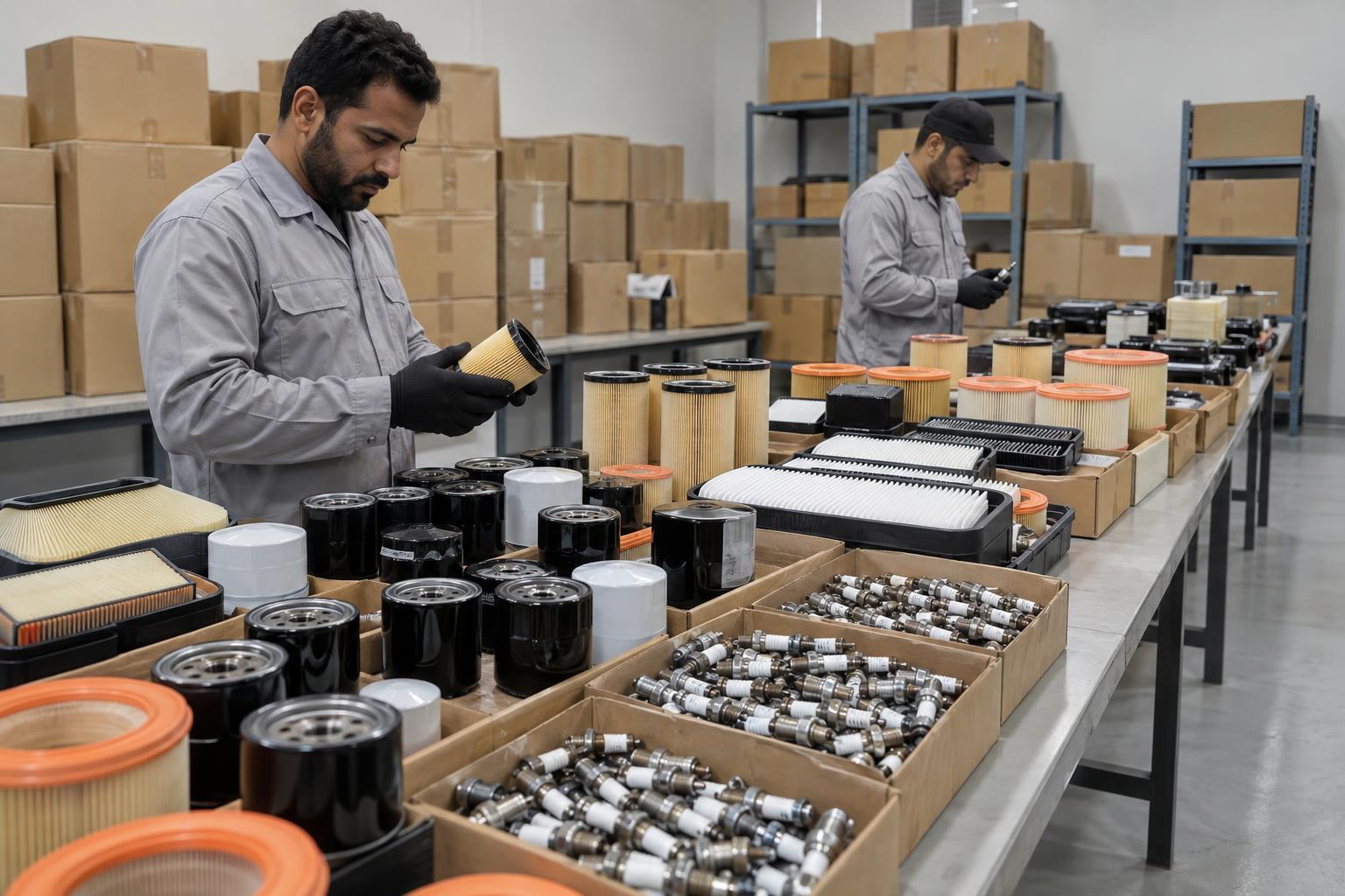 Inspectors sort air filters, oil filters and spark plugs into trays in a parts inspection room.