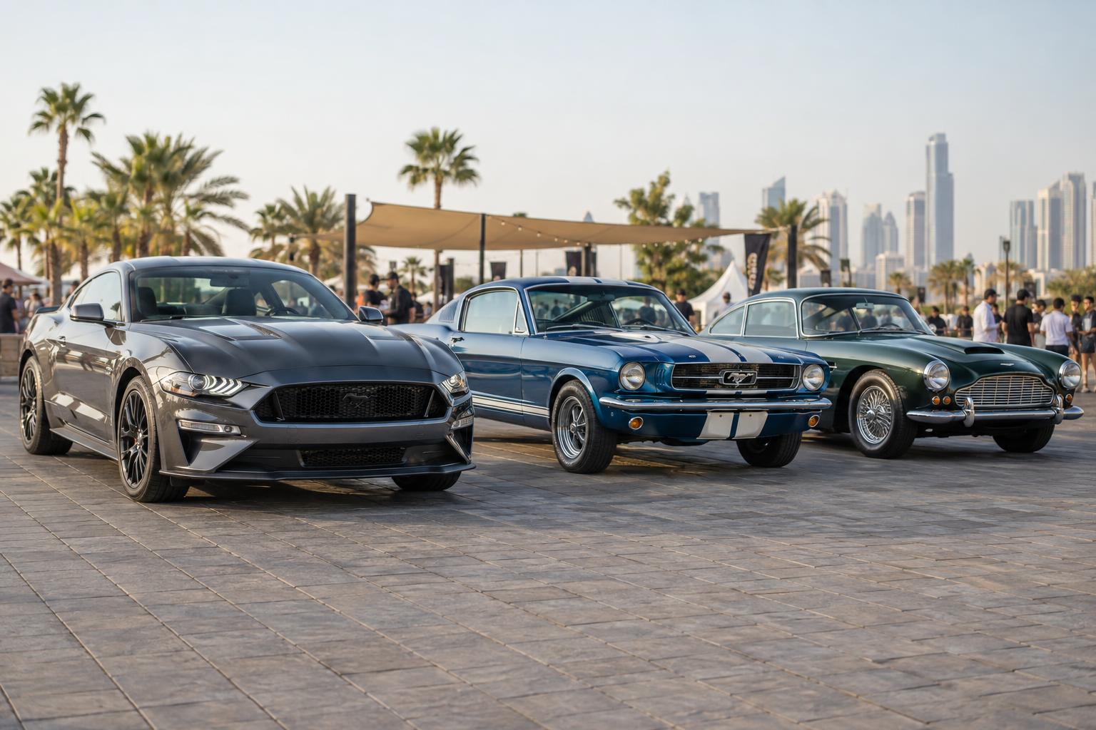 A modern performance coupe, a classic muscle car and a vintage grand tourer displayed together outdoors.