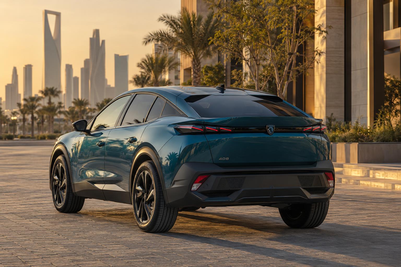 Redesigned Peugeot 408 parked against a modern Riyadh city backdrop.
