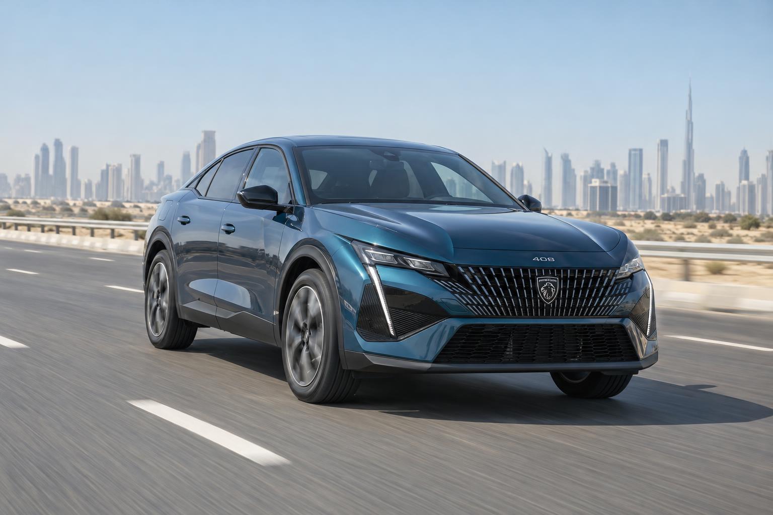 Redesigned Peugeot 408 driving on a multi-lane Gulf highway.