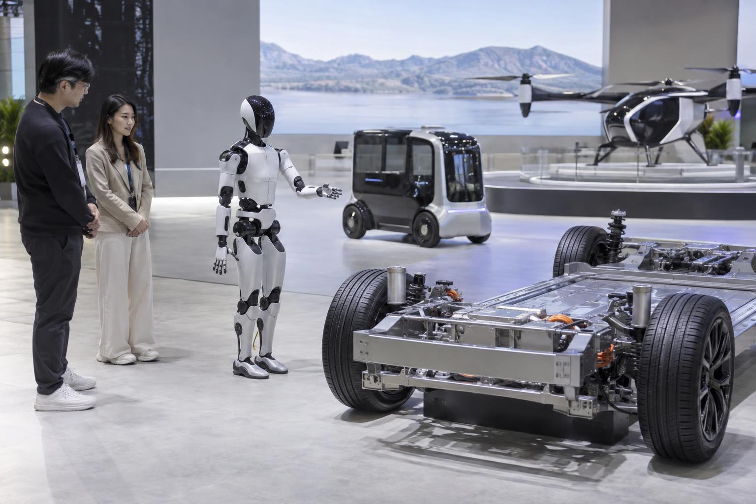 A humanoid research robot is demonstrated beside mobility technology at a motor show.