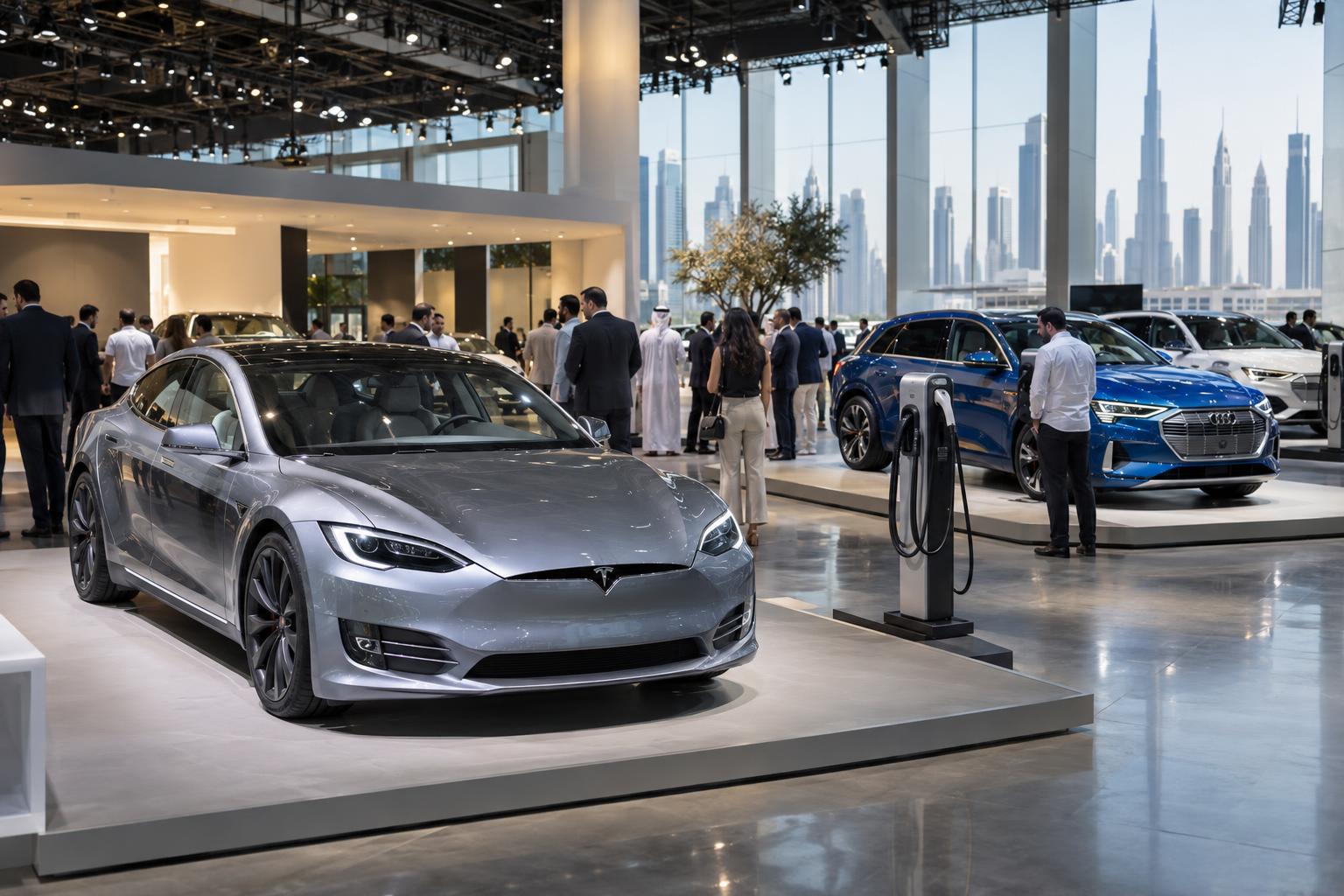 A modern convention hall concept with electric cars, charging displays and visitors.