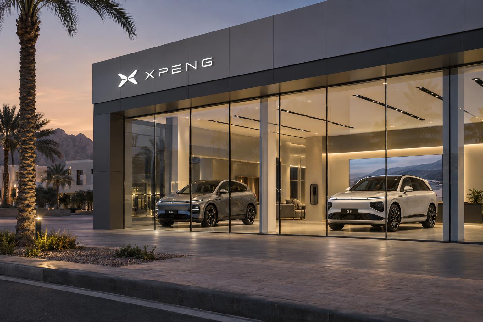 Illustrative view of a modern XPeng electric vehicle showroom planned for an Omani commercial district.