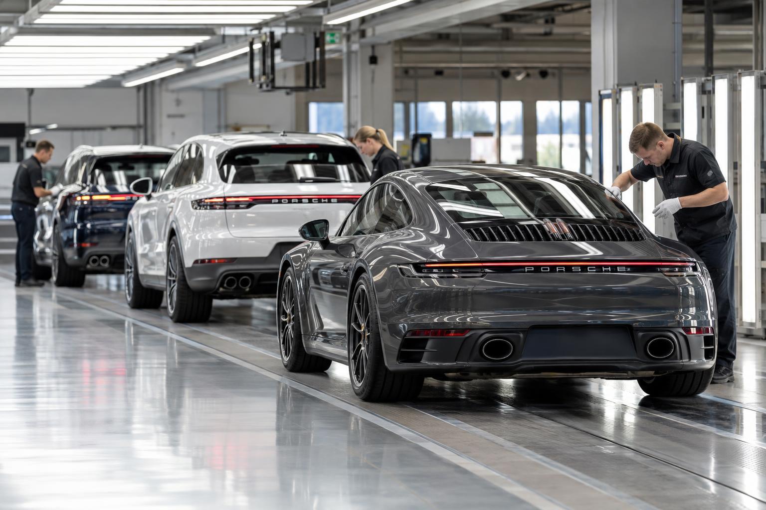 Porsche vehicles undergoing inspection in a modern production facility.
