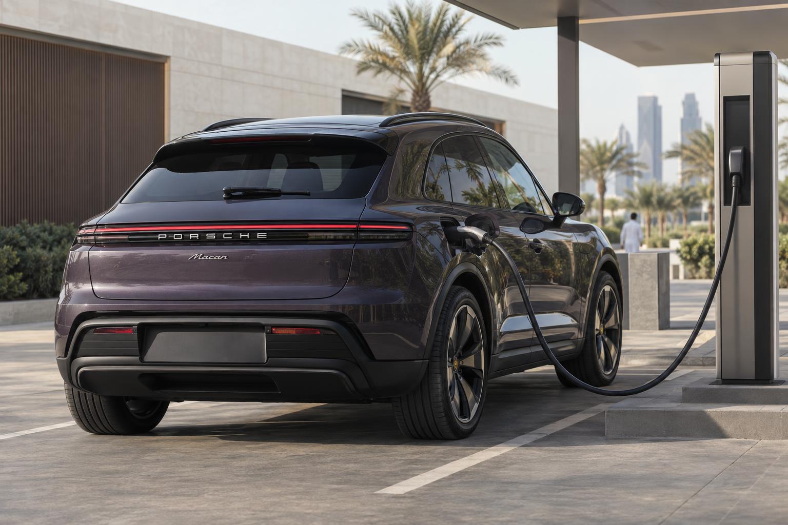 A Porsche Macan Electric connected to a charging station in the Gulf.