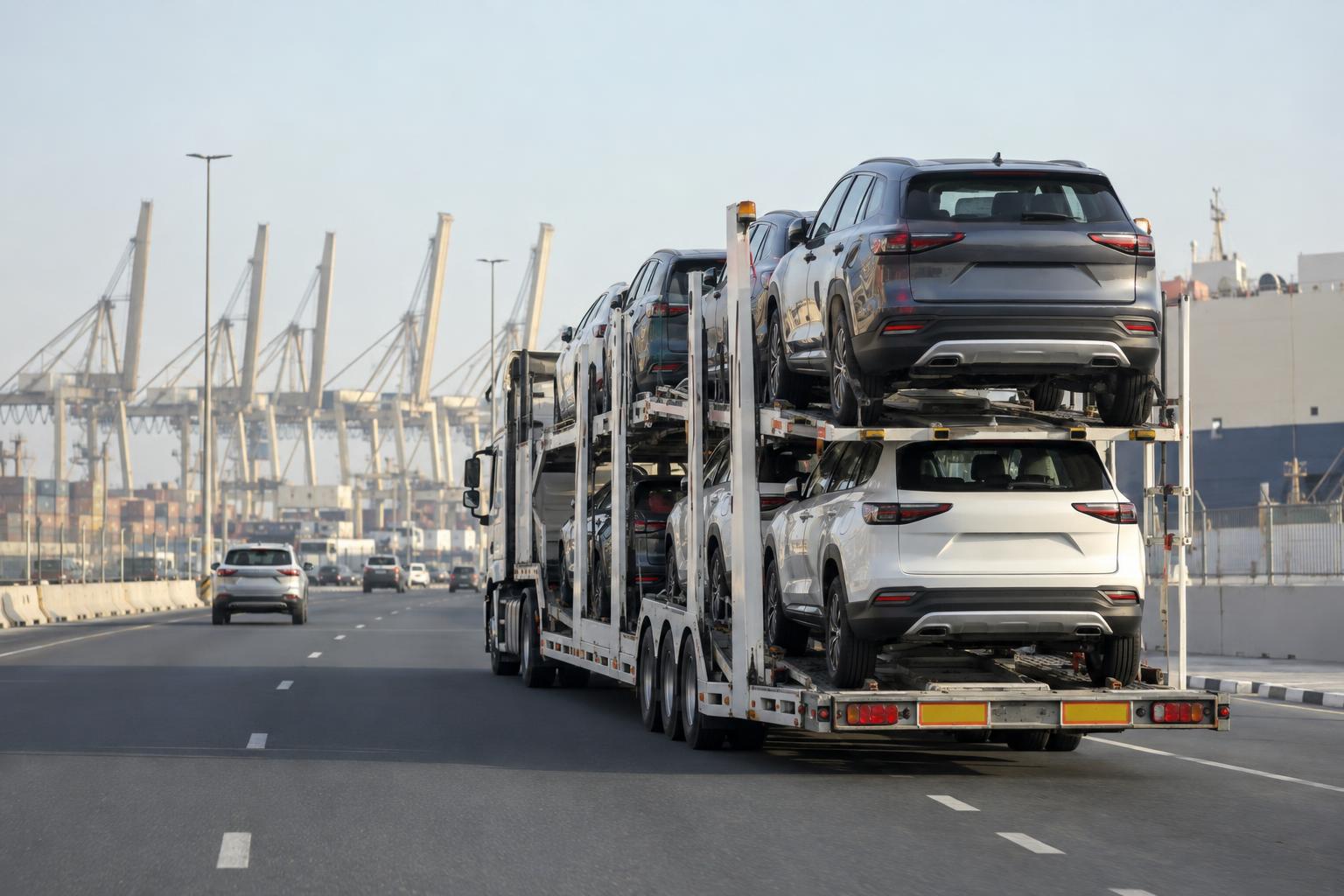 A car transporter carries new vehicles from a port logistics area toward the distribution network.