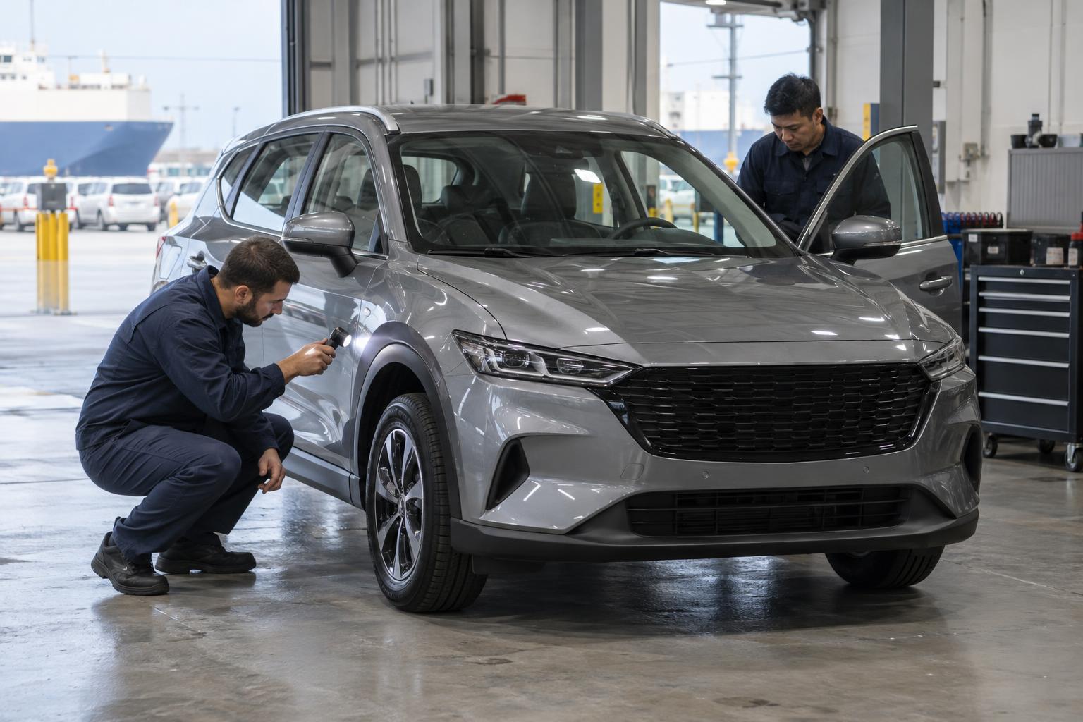 Technicians conduct a pre-delivery inspection on a new crossover in a logistics workshop.