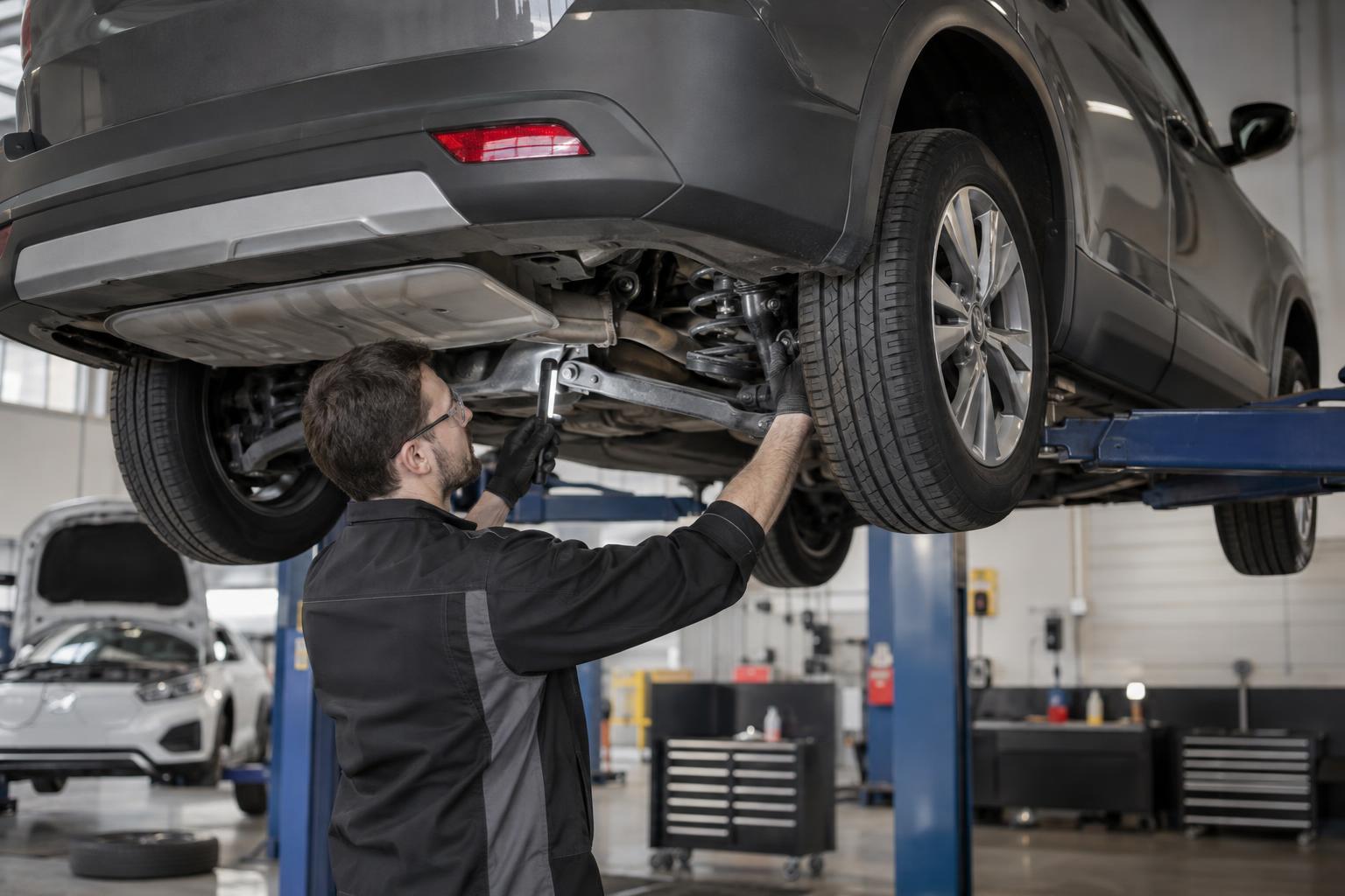 Technician inspecting the underside and wheel area of a crossover on a workshop lift.