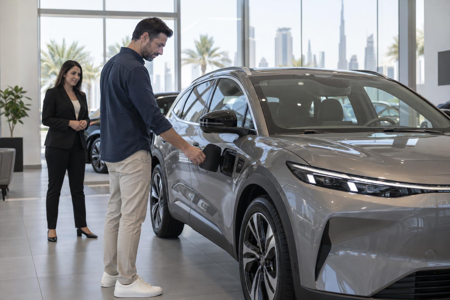 A prospective buyer examining the charging port of an electric crossover in a Dubai showroom.
