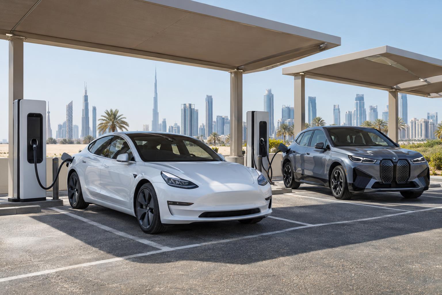 Two electric cars charging at a public charging hub in Dubai.