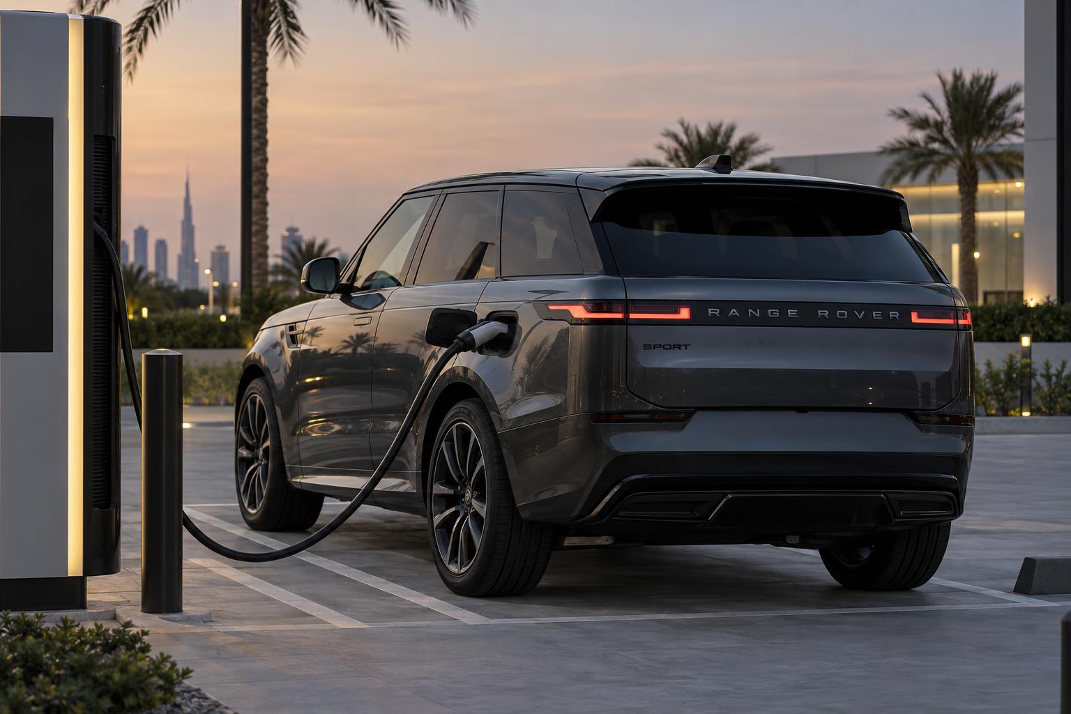 Range Rover Sport Electric connected to a DC fast charger at a UAE charging site.
