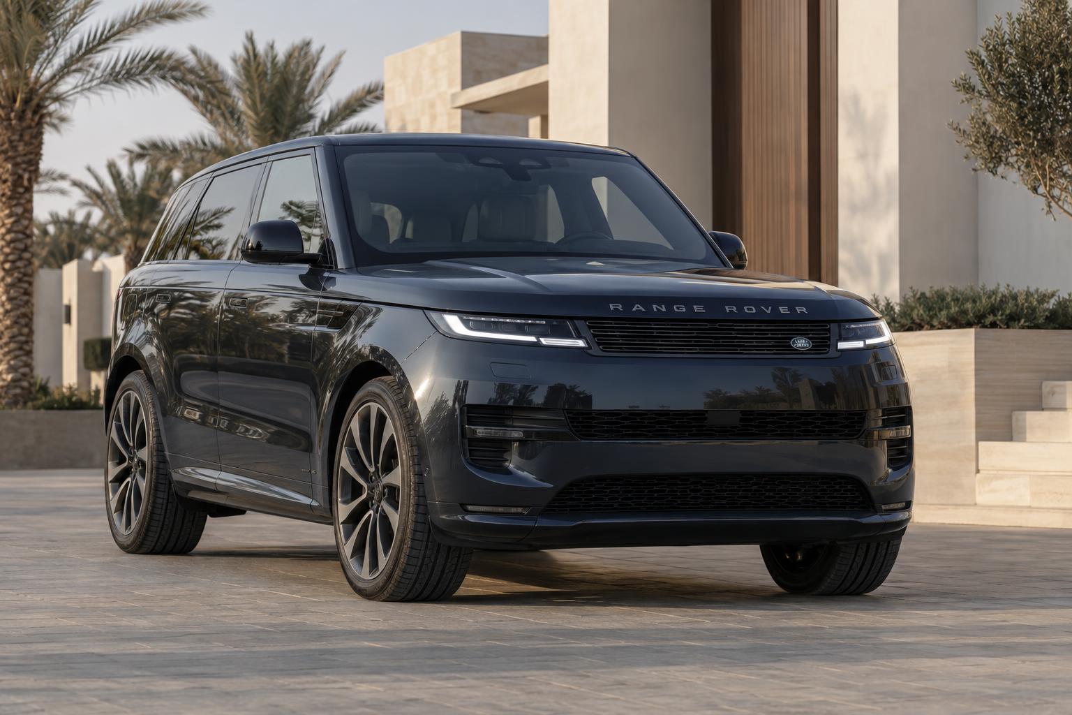 Front three-quarter view of the Range Rover Sport Electric parked outside contemporary UAE architecture.