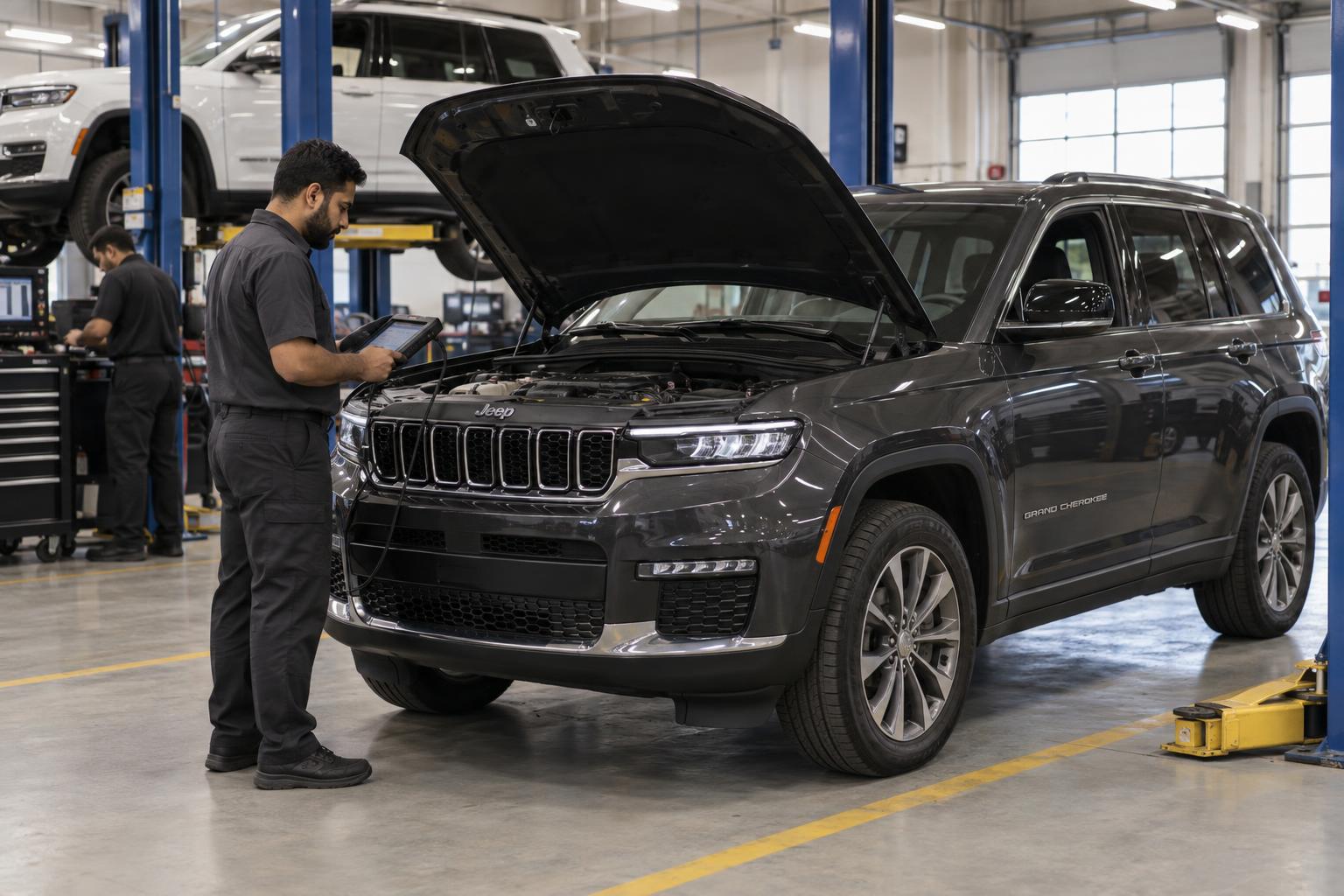 A Jeep Grand Cherokee being checked by a technician in a Saudi service workshop.