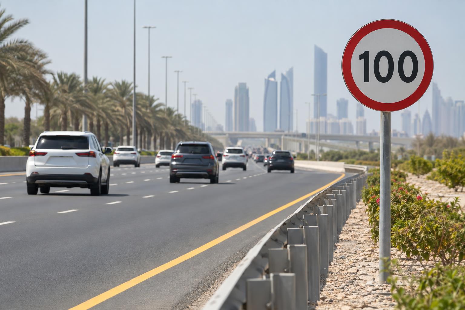 A 100 km/h roadside sign next to moving traffic on a wide motorway.