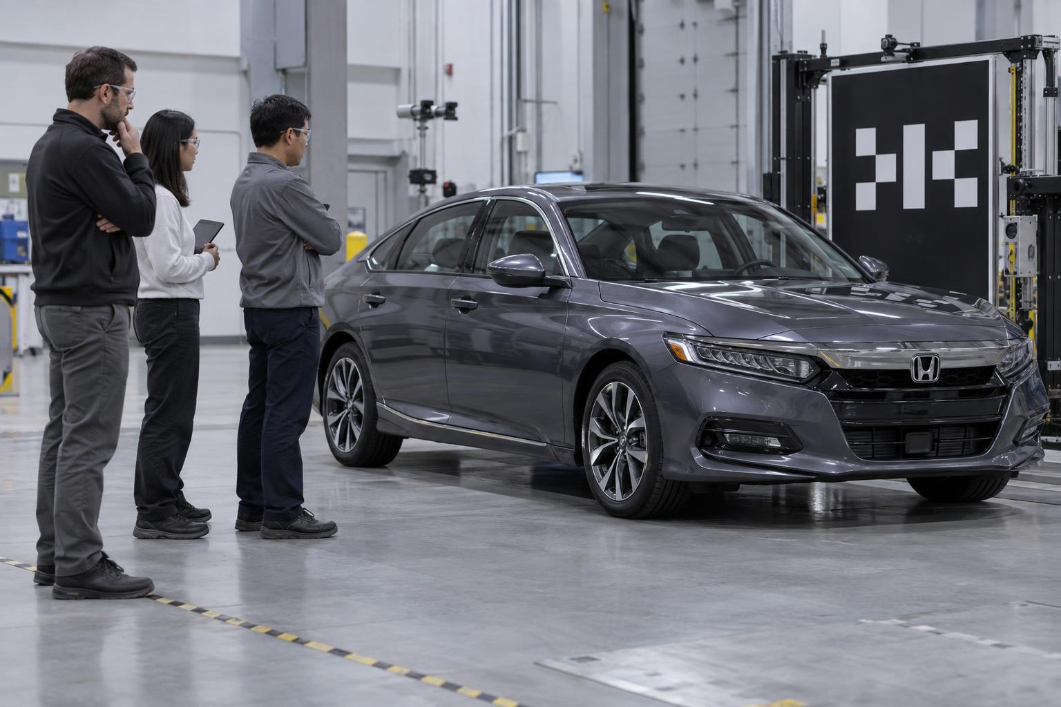 Engineers and an assessor review a Honda vehicle in a safety engineering facility.