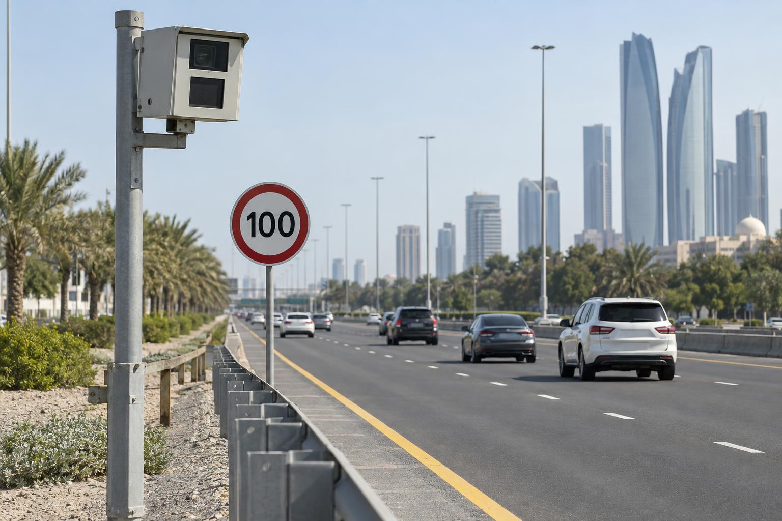 A roadside speed-enforcement camera beside a 100 km/h sign on an Abu Dhabi motorway.