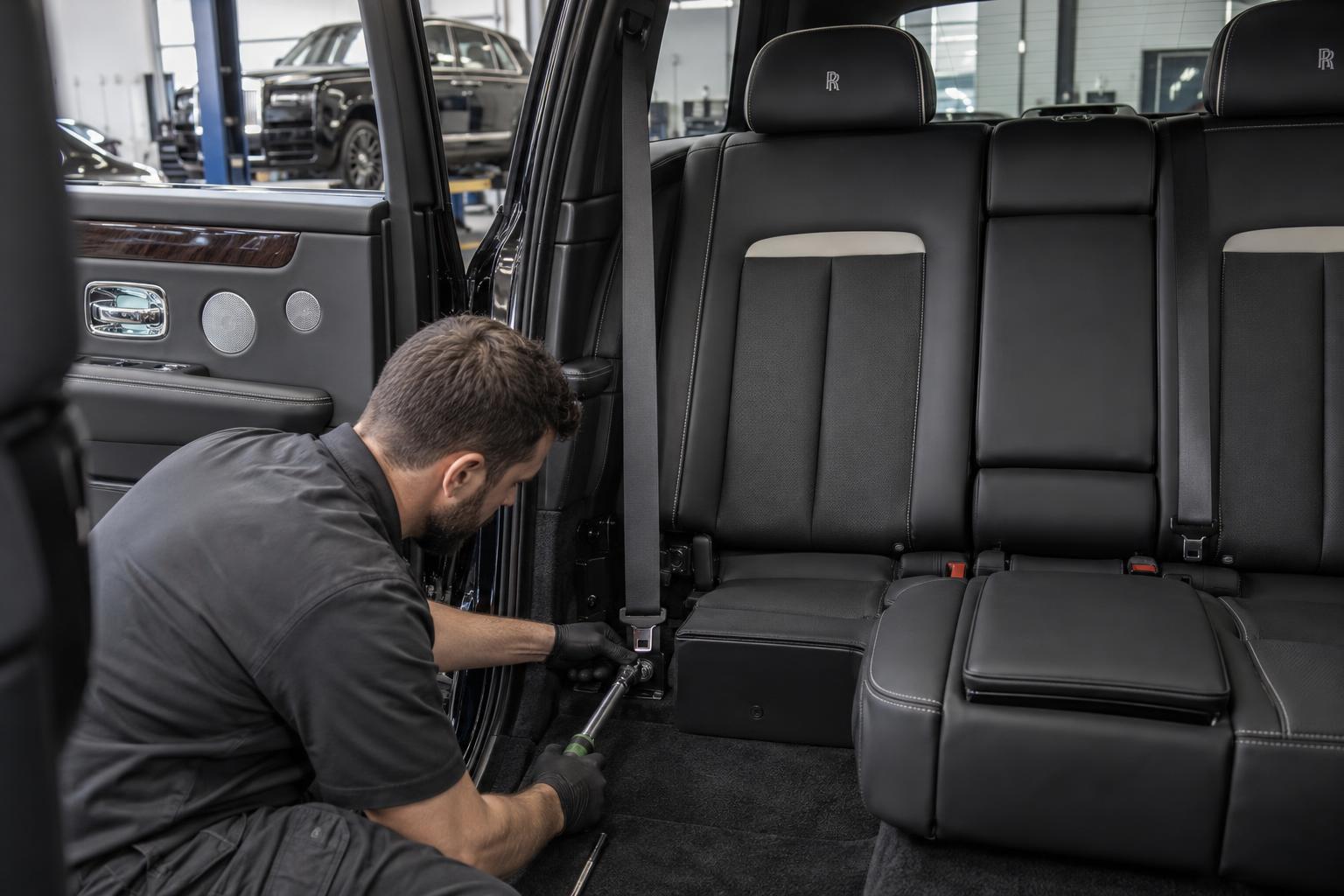 A technician inspecting rear seat-belt mounting hardware in a Rolls-Royce Cullinan.