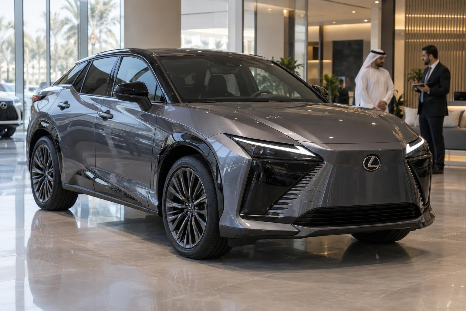 Lexus RZ 500e displayed inside a modern UAE Lexus showroom.