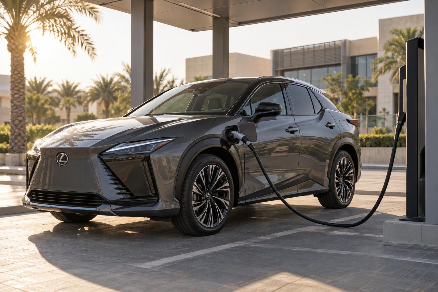 Lexus RZ 500e connected to an EV charger beneath a shaded UAE charging bay.