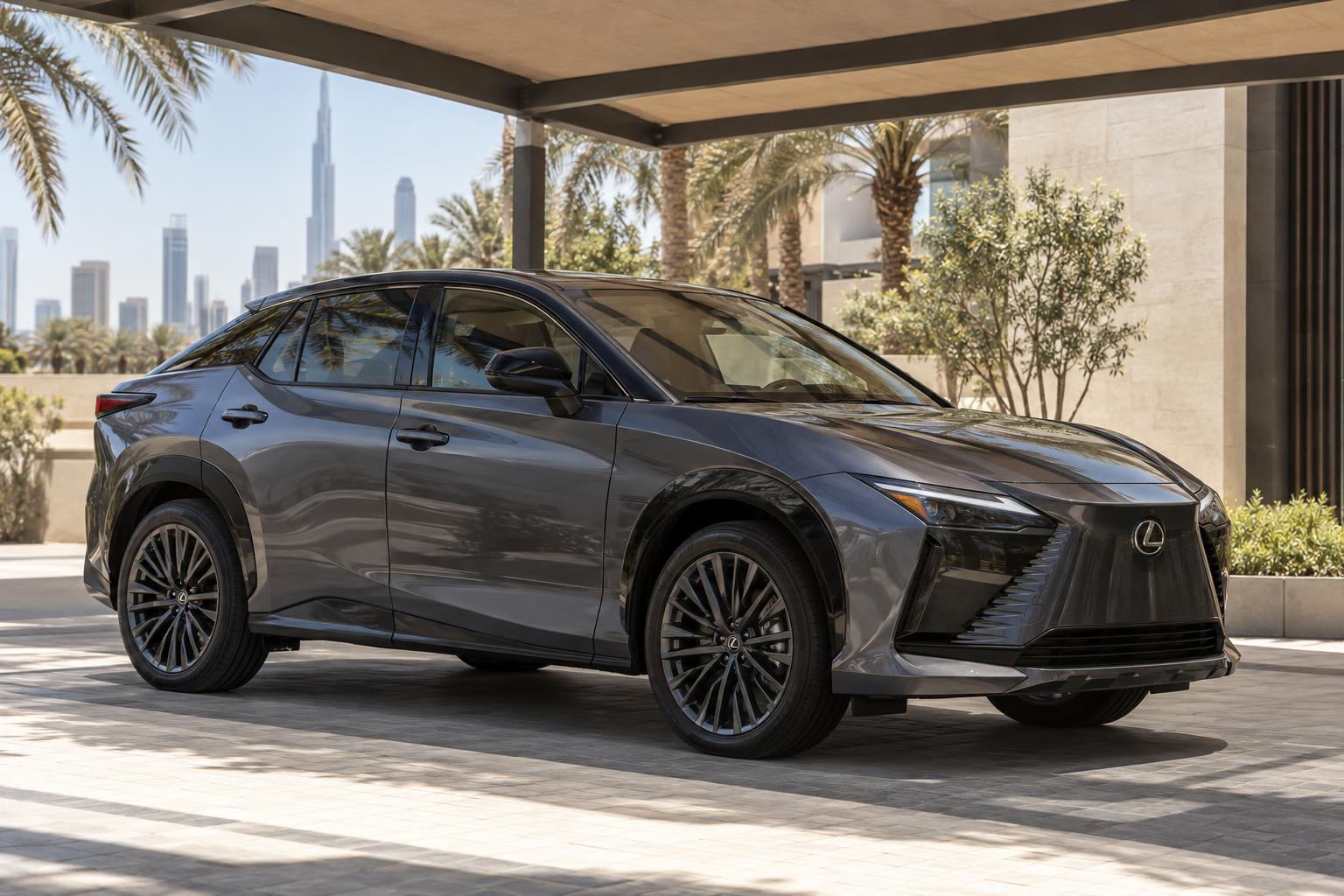 Lexus RZ 500e parked in shade under bright UAE summer sunlight.