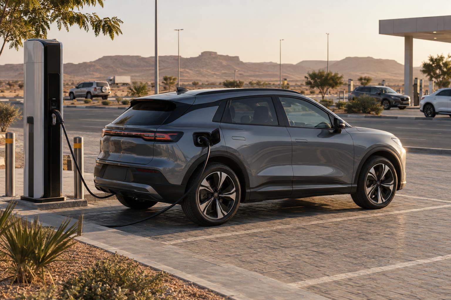 Electric crossover at a charging stop beside a Saudi Arabian desert highway service area.