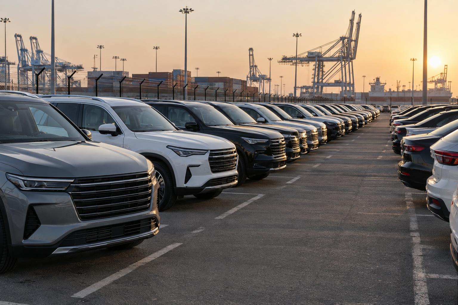 Rows of new unregistered vehicles in a secure port storage yard.
