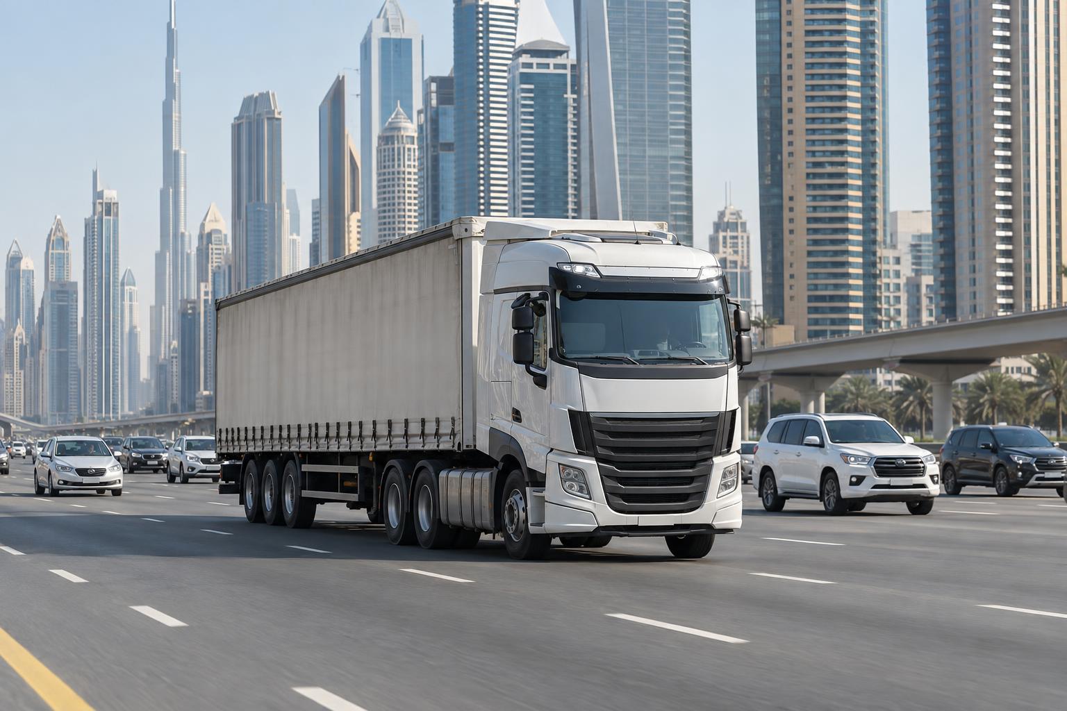 An articulated freight truck shares Sheikh Zayed Road with city traffic in Dubai.
