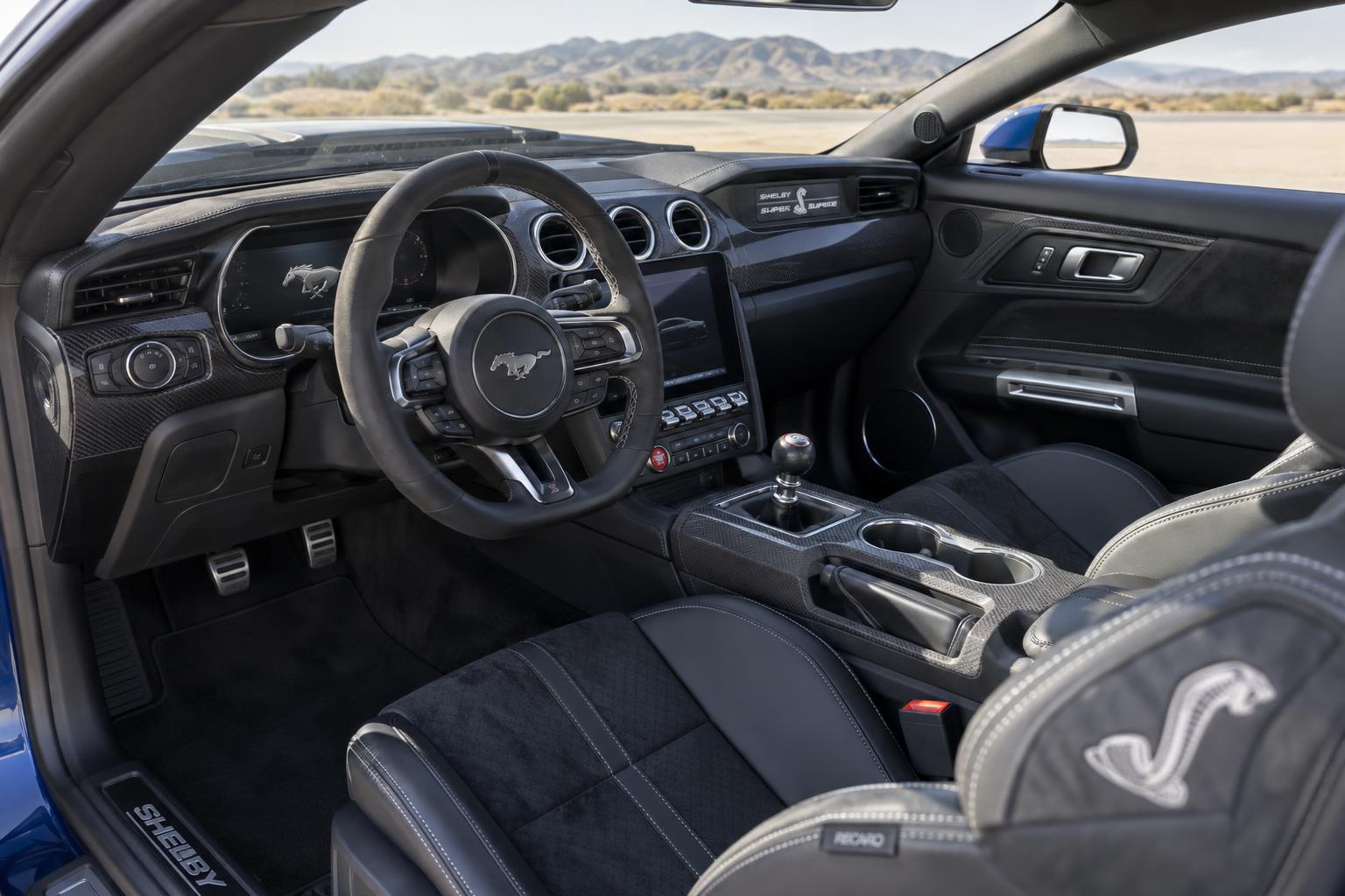 The driver-focused cabin of a Shelby Mustang Super Snake.