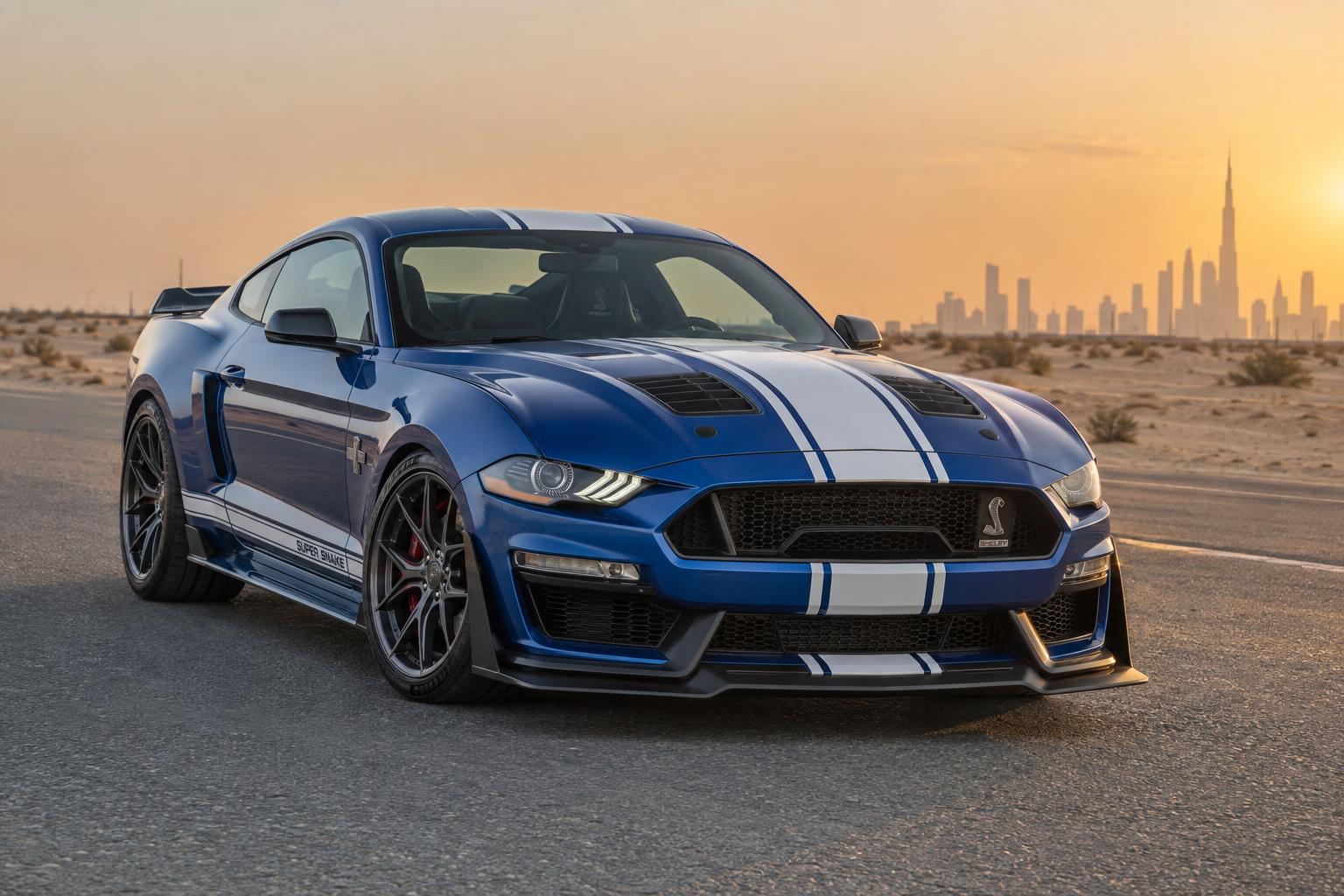 Front three-quarter view of a Shelby Mustang Super Snake on a UAE road.