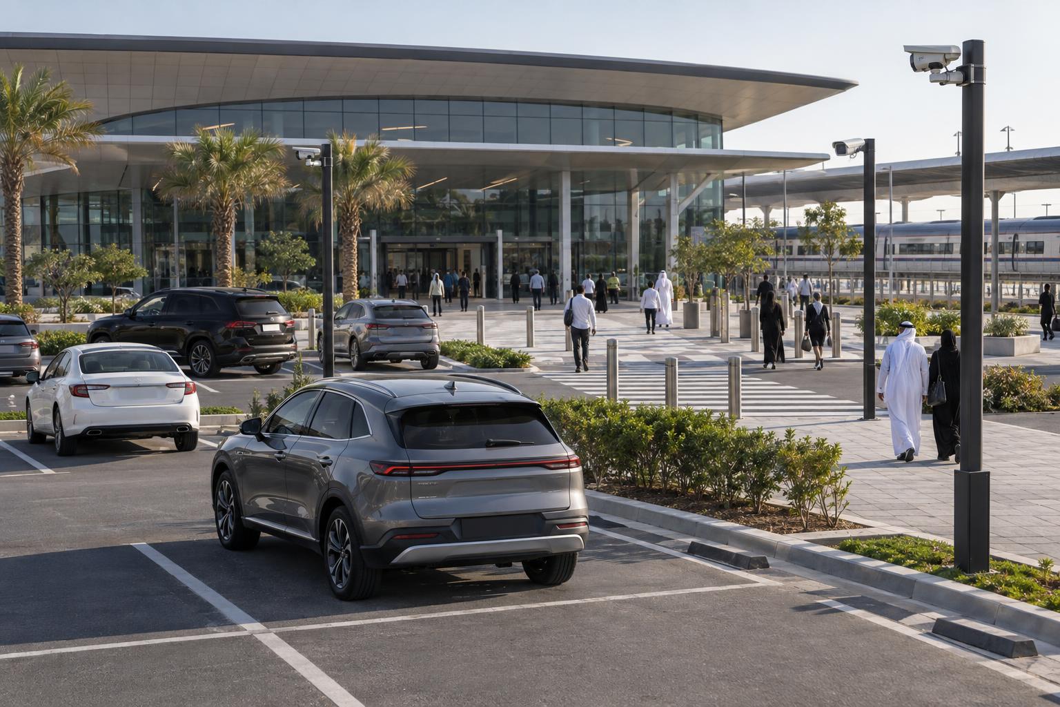 A UAE rail station forecourt with marked parking bays, vehicle sensors and passengers walking to the entrance.