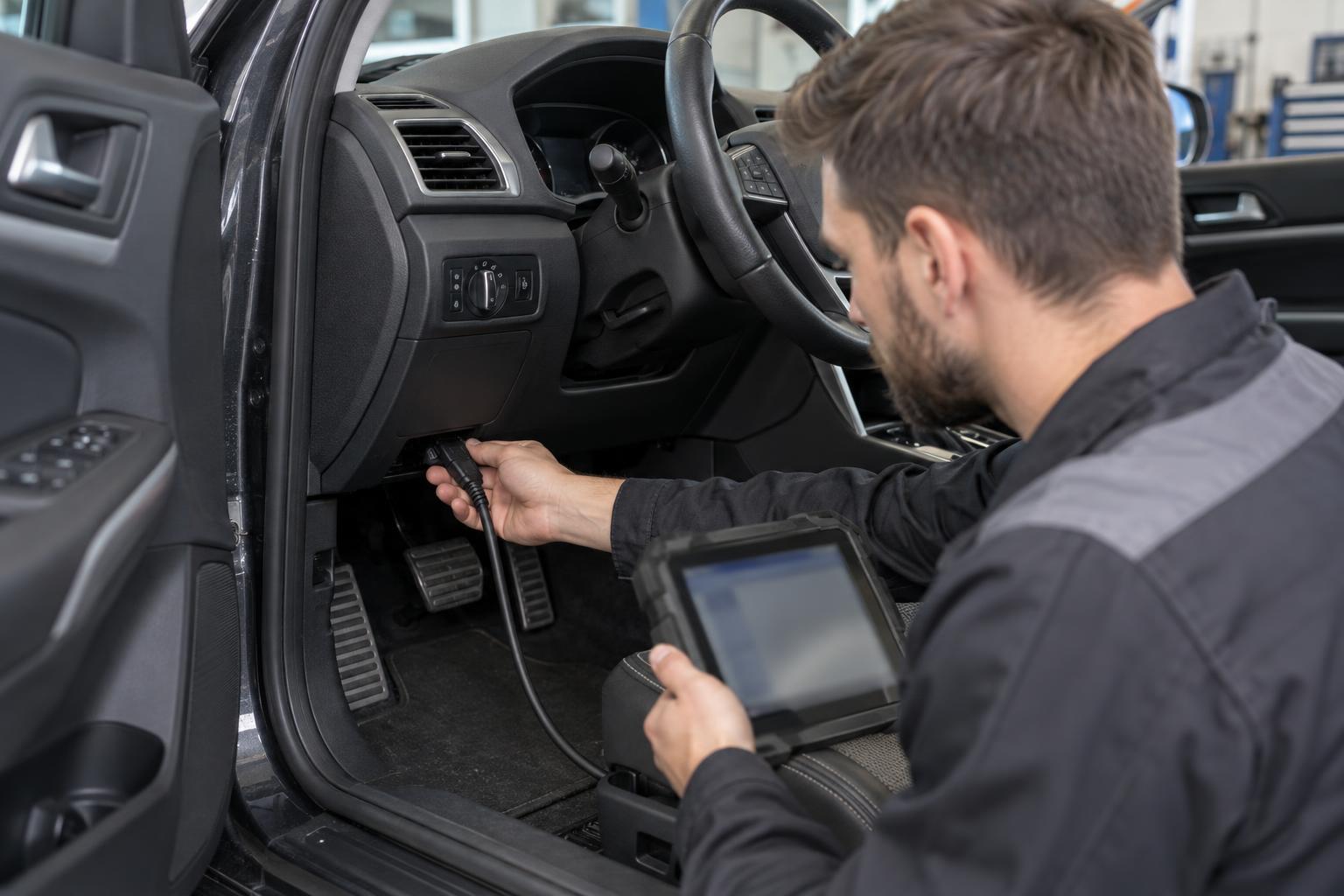 A workshop technician connects diagnostic equipment to a car beneath the dashboard.