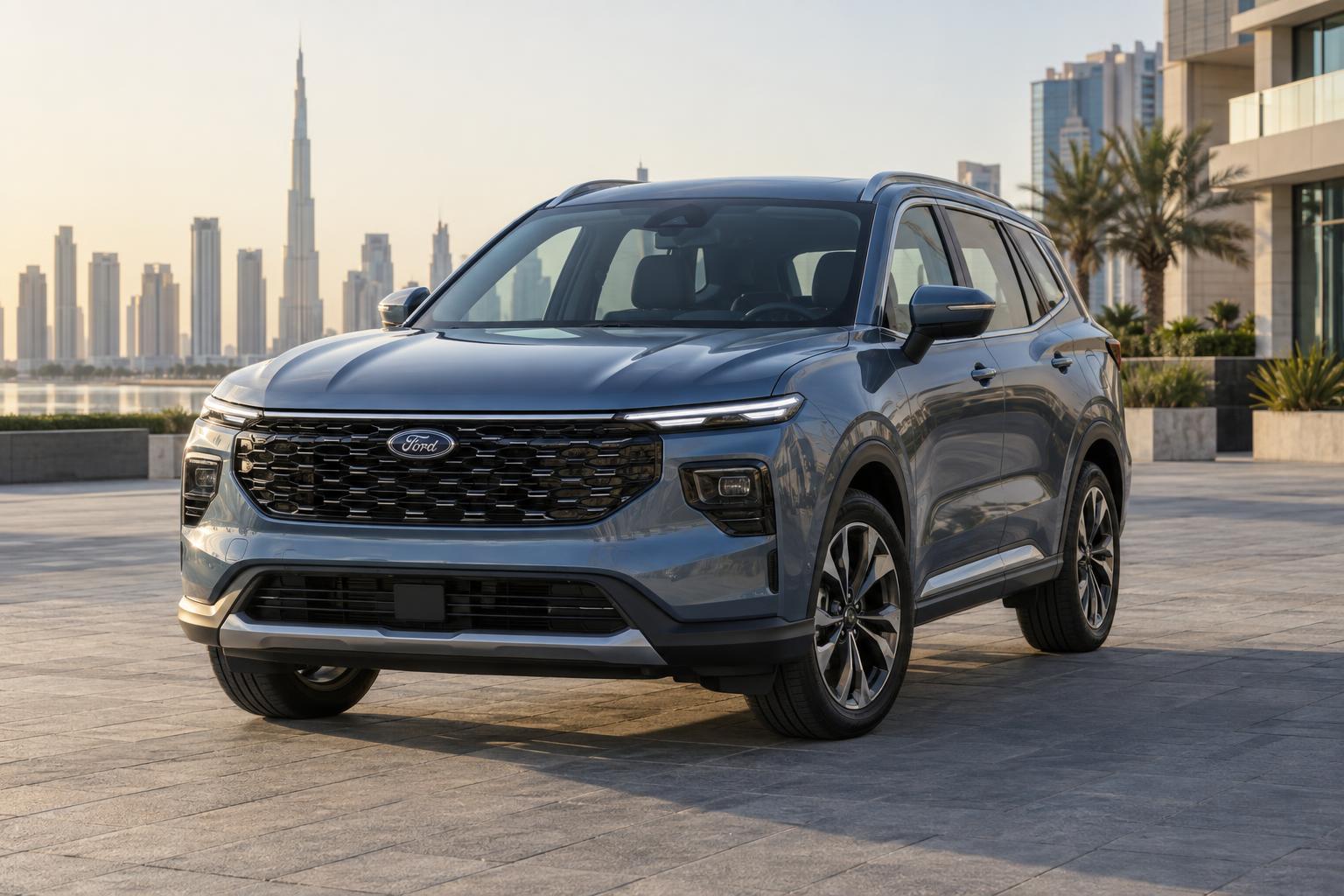 A 2026 Ford Territory Hybrid shown from the front on a Dubai forecourt.